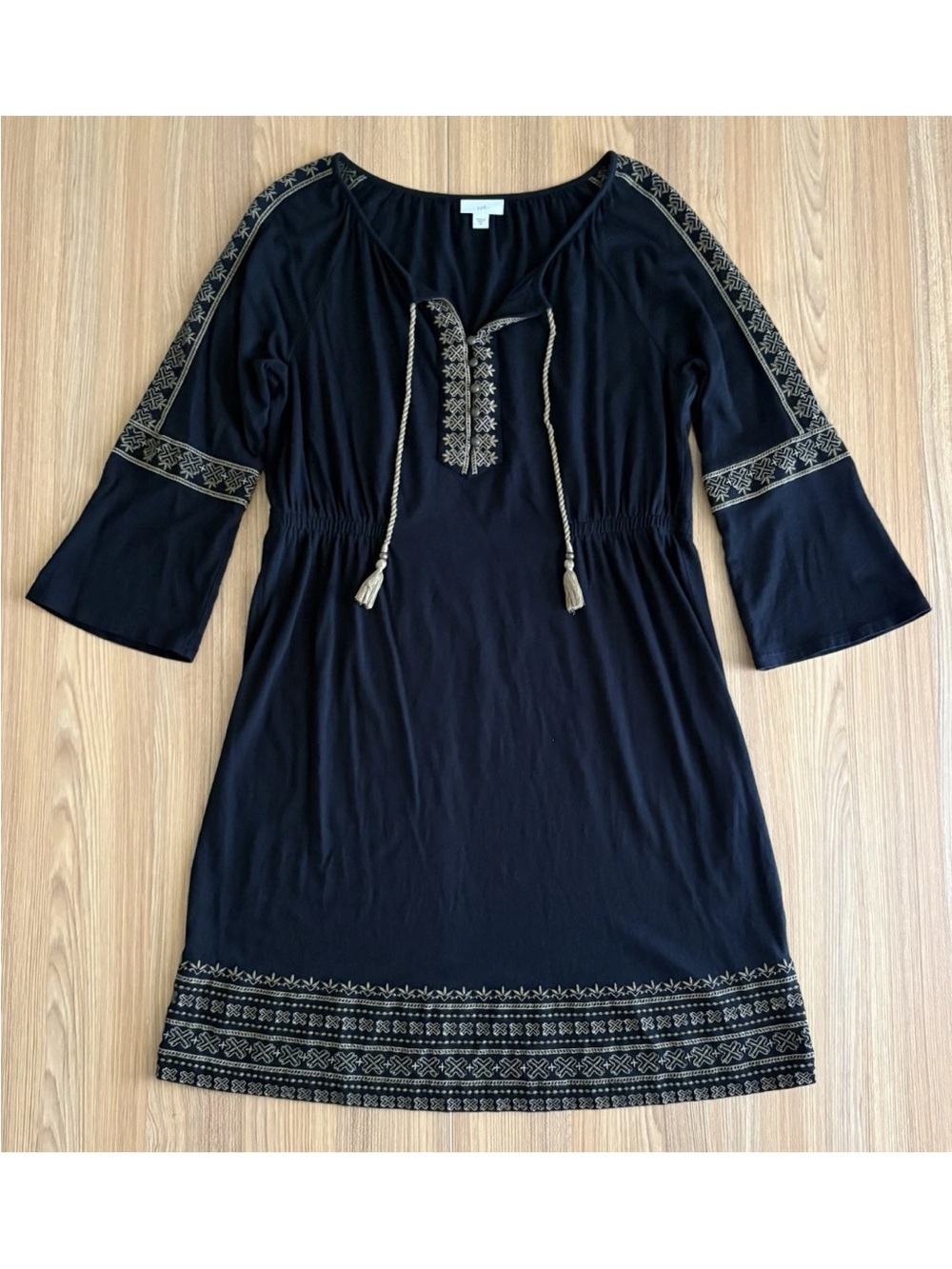 J Jill Embroidered Peasant Tunic Dress Sz M Black Flare Slv Tassels Renaissance